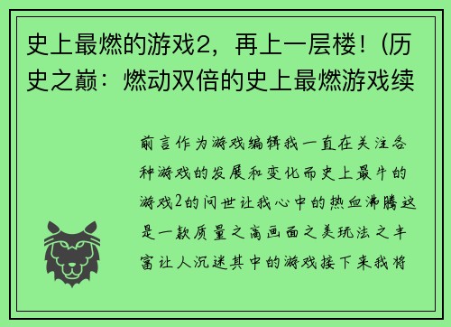 史上最燃的游戏2，再上一层楼！(历史之巅：燃动双倍的史上最燃游戏续作！)